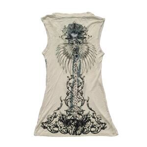 Y2K Graphic Print Rhinestone Angel Wings Cut Out Tank Top Size S White Grunge